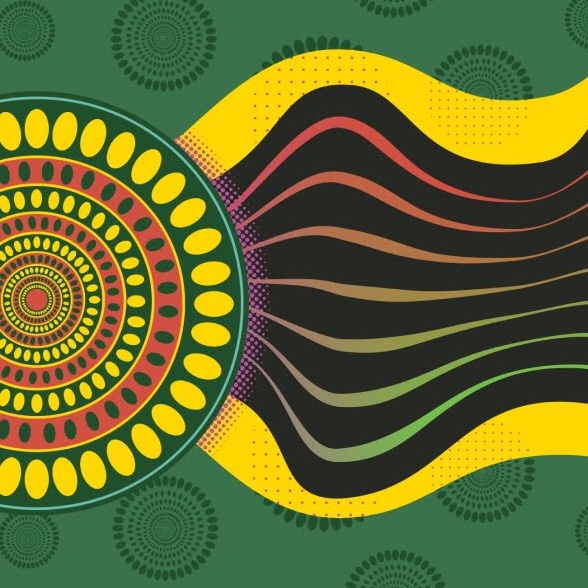 abstract image in greens, gold, and browns, in the Ankara style