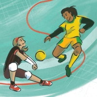 Illustration of two women's athletes, one playing volleyball and another soccer.