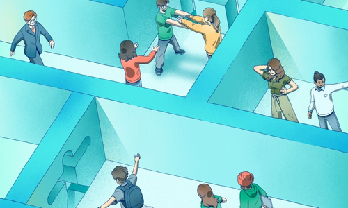 Digital illustration of people navigating a maze in various ways.