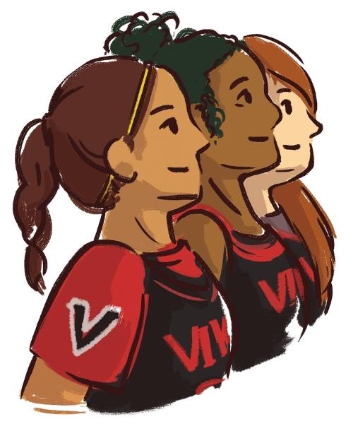 Three Vikings women's athletes standing side by side and looking slightly upwards.
