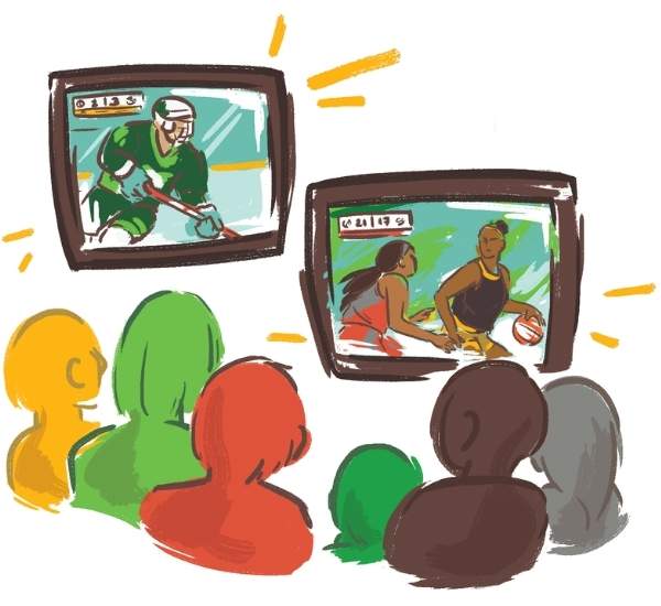A crowd watching two professional women's sports games, one basketball one hockey.