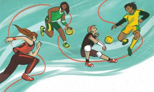 Illustration of women's athletes in motion, representing the sports of running, basketball, soccer, and volleyball.
