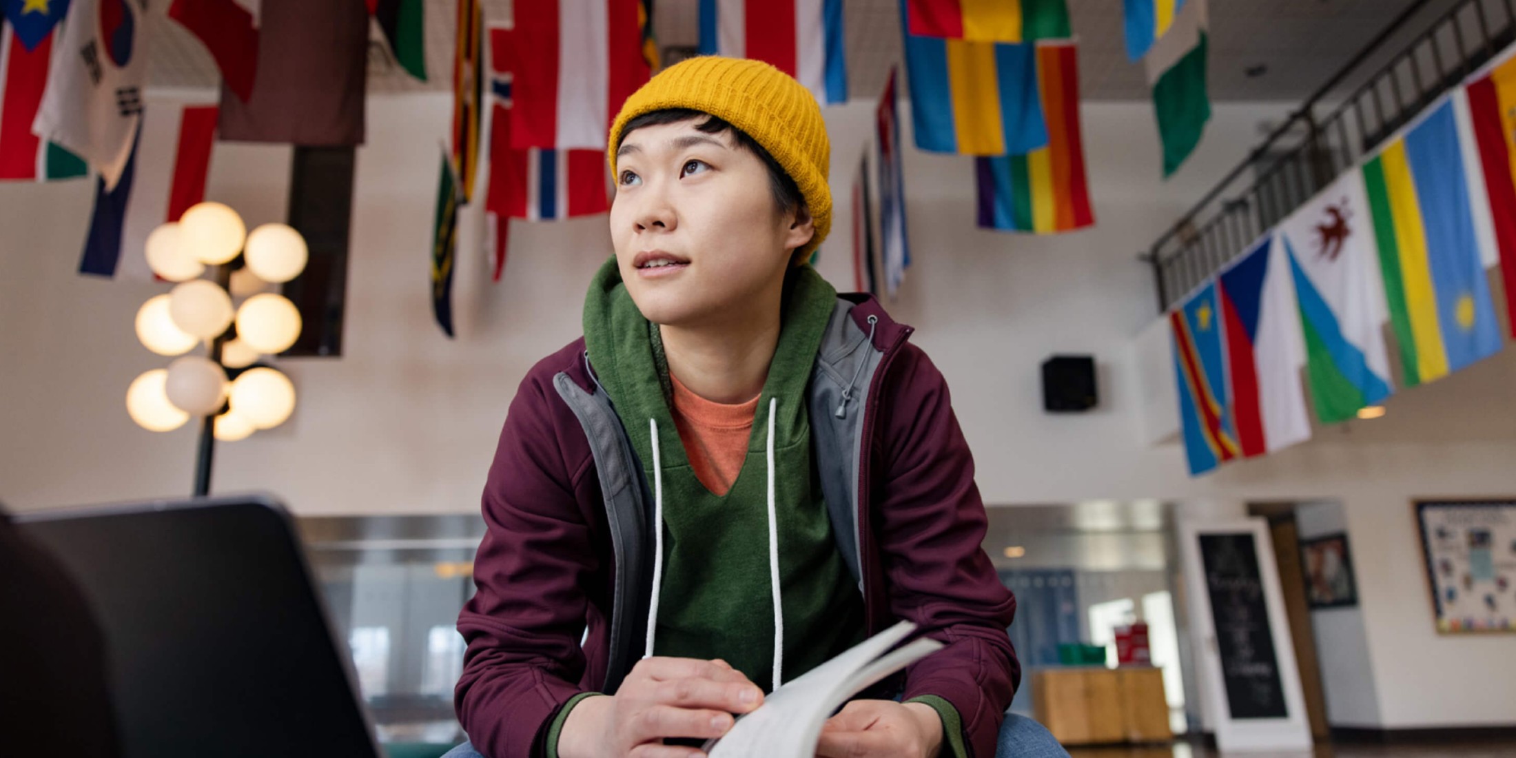 Person flipping through book in a room with many flags from different countries
