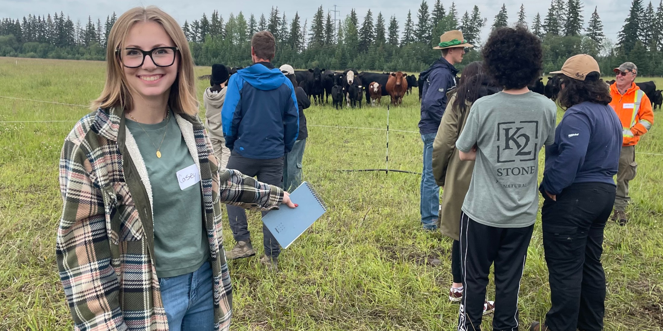 People out in a field with cows