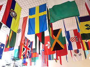 A photo of the flags that hang from the roof of the Faith and Life Lounge, representing our international students.