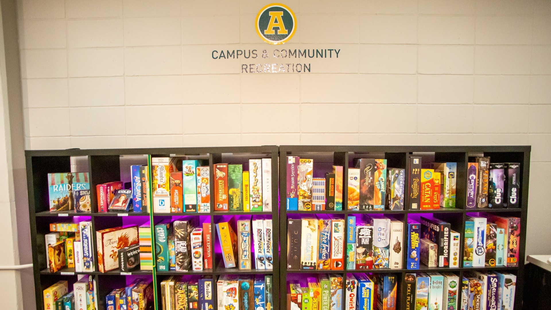 A shelf of board games