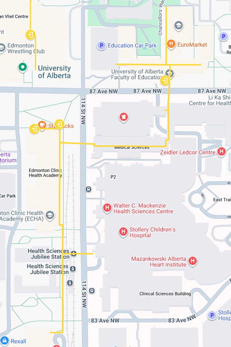 Interior path from Education Centre to the Dianne and Irving Kipnes Health Research Academy