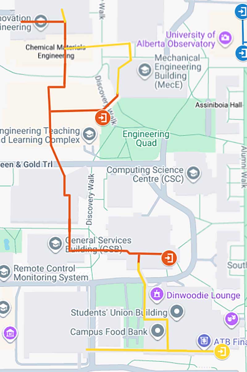 Map of the interior access root from Donadeo Innovation Centre for Engineering to the Students’ Union Buildingrestry Centre