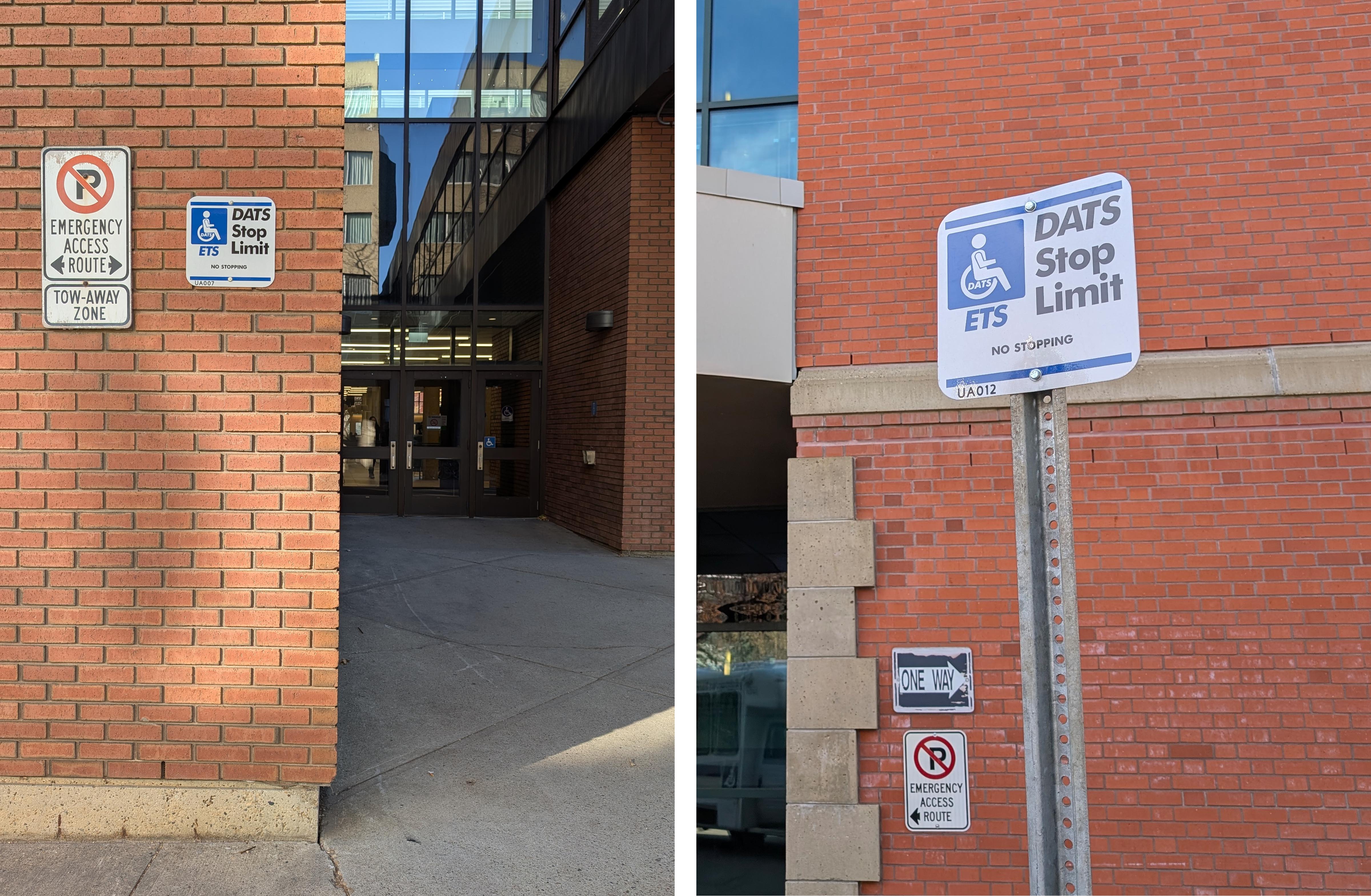 Two examples of Dedicated Accessible Transit Service (DATS) signage on University of Alberta campuses