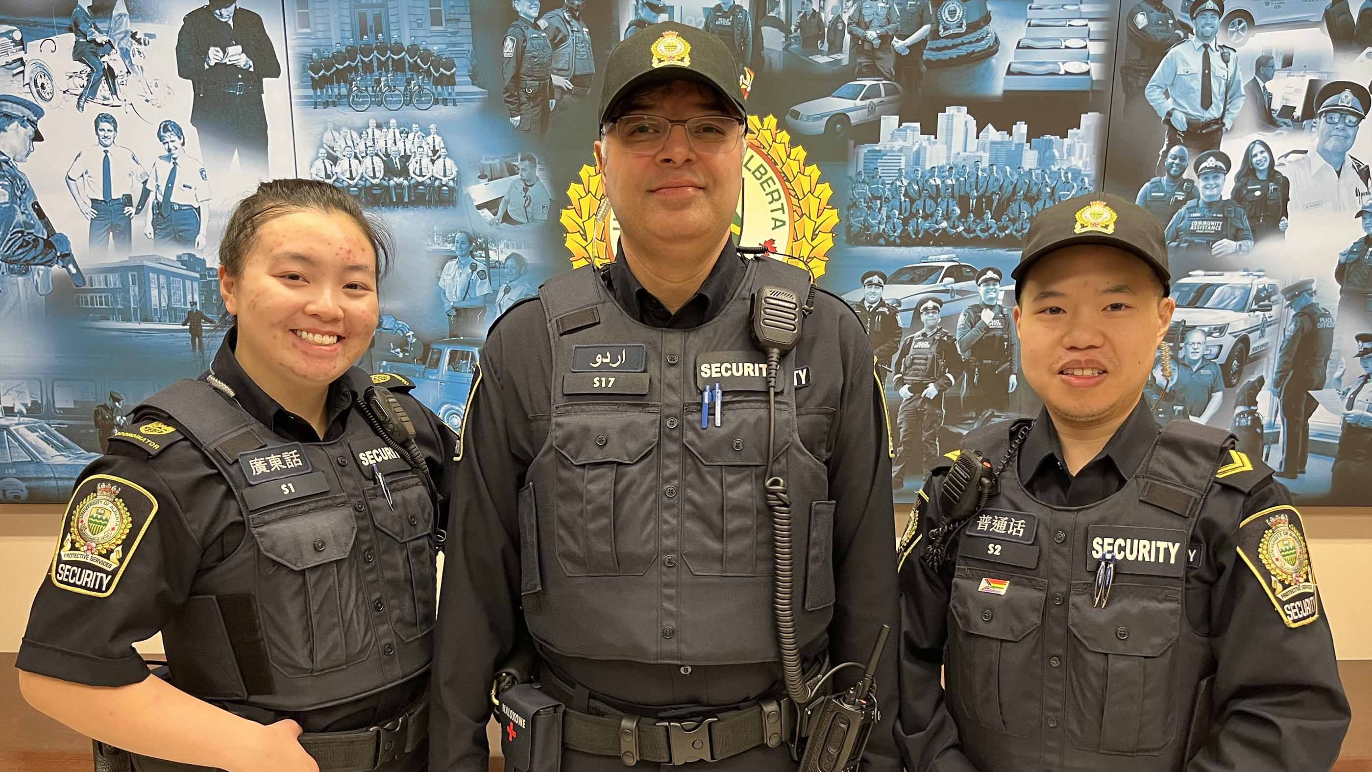 Security Coordinator Ling (left) who speaks Cantonese, Security Agent Kiyani (middle) who speaks Urdu and a Security Agent (right) who speaks Mandarin.
