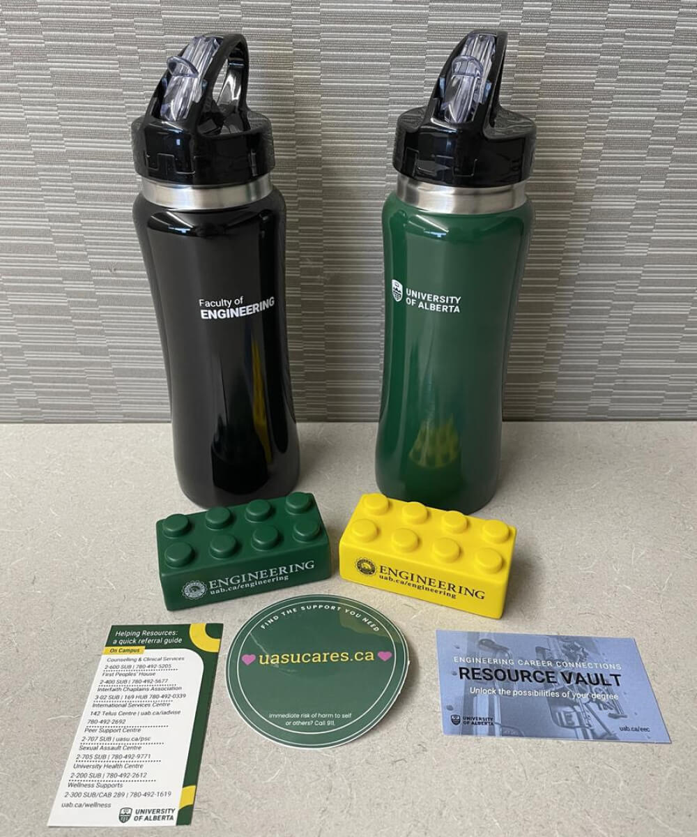 Two water bottles, stress blocks, and information cards for students