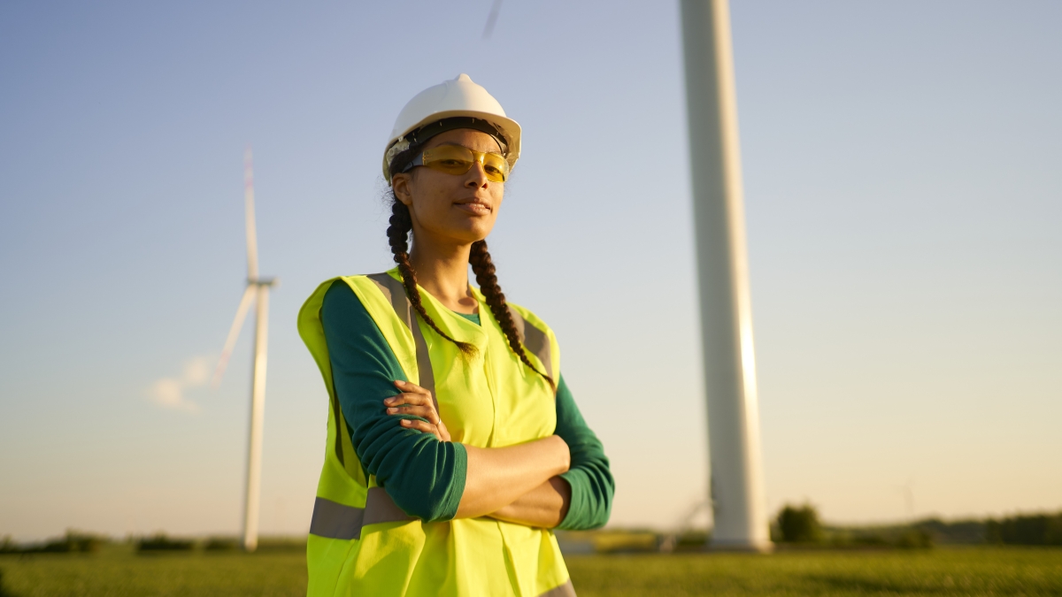 A woman in a hard hat