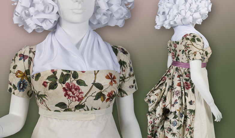 Maids dress and petticoat with colourful flowers from the 18th century 