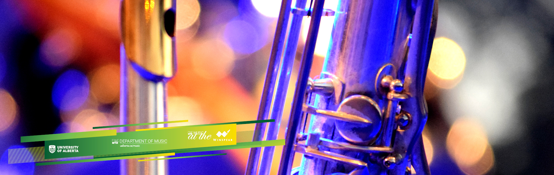 close up photo of a flute and a saxophone with stylized lighting in orange and blue