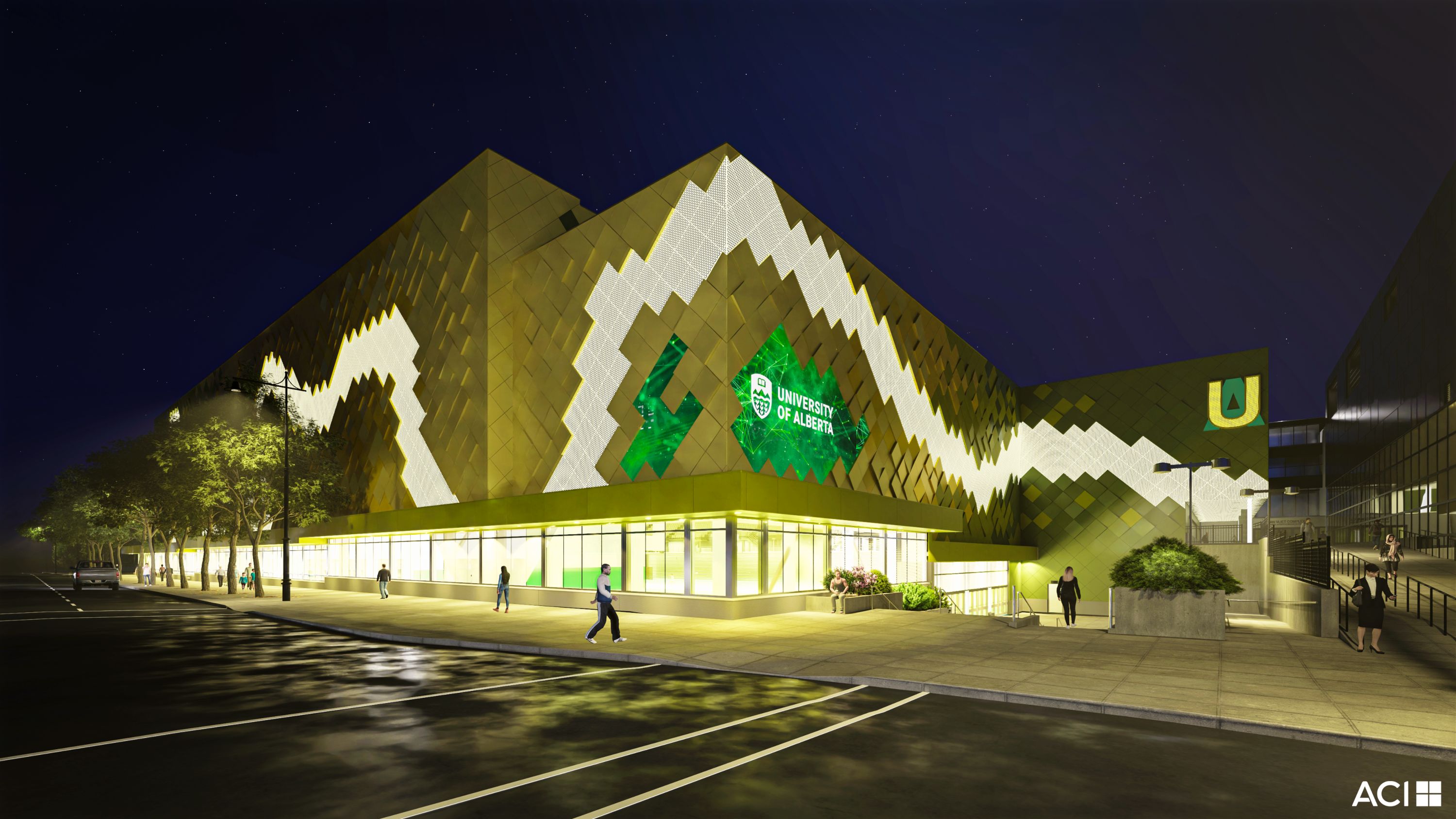 A digital rendering captures how Universiade Pavilion’s renovated exterior will look at night when the lighting feature brightens 87 Ave. and the surrounding buildings. (Photo: ACI Architects)