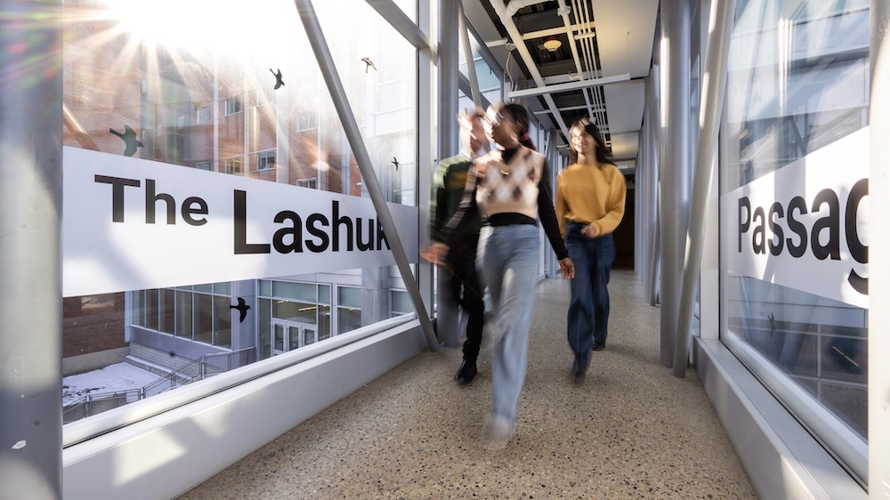 A brightly lit walkway inside a modern building. Two people are walking away from the camera. Signs reading 'The Lashuk' and 'Passageway' are visible on the glass walls, which also reflect an exterior view of buildings.