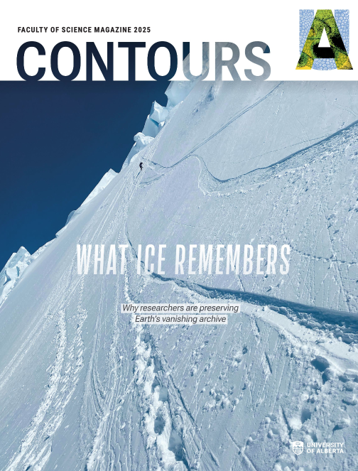 Cover of Contours magazine showing dramatic slope of Mount Logan and a deep blue sky.