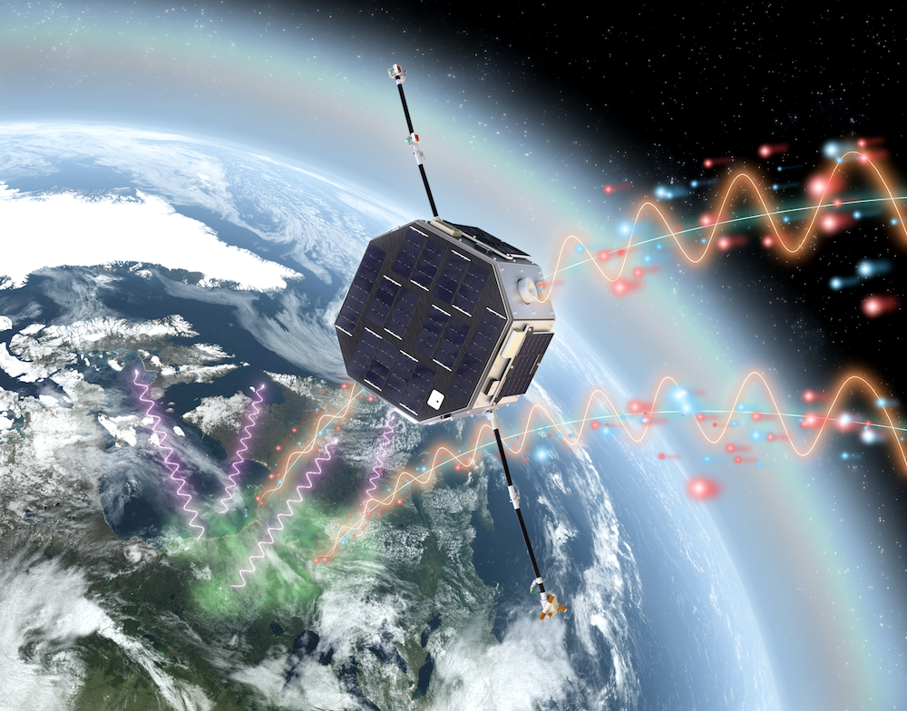 Conceptual artwork depicting a communications satellite orbiting Earth, illustrating data transmission and space technology.