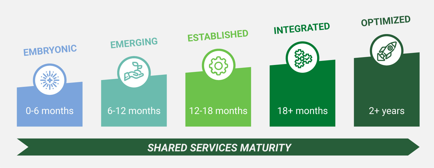 Shared services maturity: Embryonic (0-6 months), emerging (6-12 months), established (12-18 months), integrated (18+ months), optimized (2+ years)