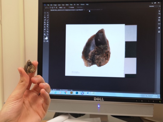 A hand holds up a small object next to a photo of that object on a digital screen