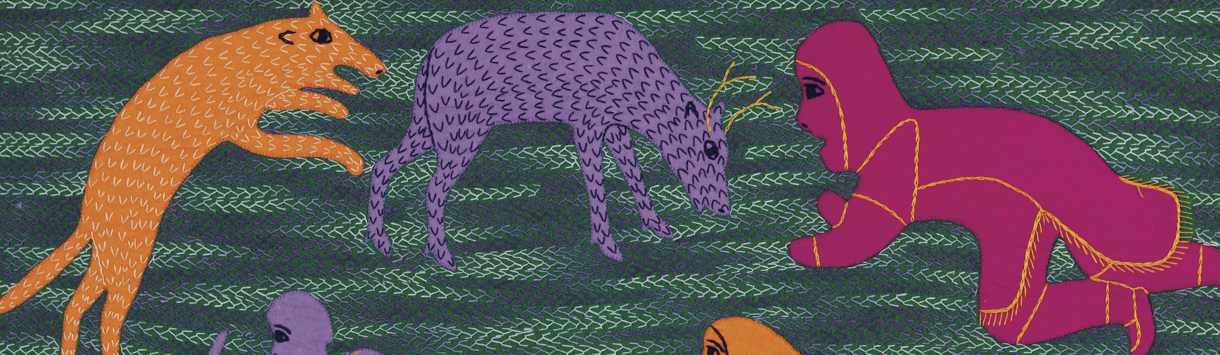 Textile with a multi-coloured green background with figures of a hunter and animals.